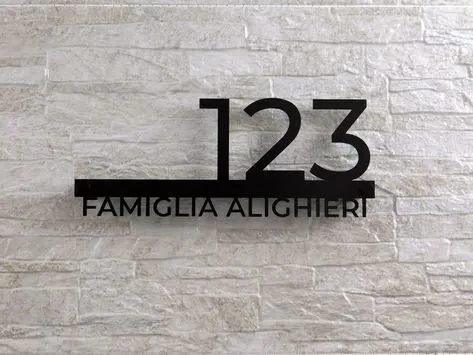 Black acrylic house-number sign reading 123 Famiglia Alighieri, cut from sheet