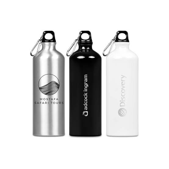 Branded aluminium water bottles laser-engraved with client logos