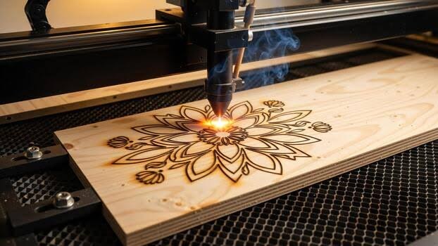 Laser engraving an intricate mandala design into a plywood panel, glowing as it cuts