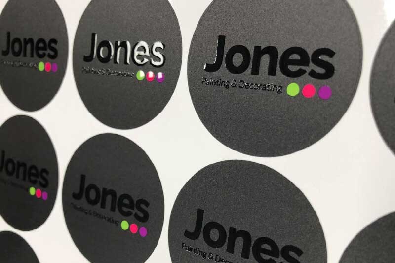 Raised spot-UV printed logo stickers for Jones Painting & Decorating
